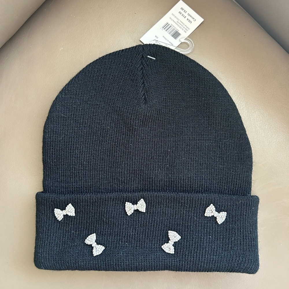 Rhinestone Bow Black Beanie Hat